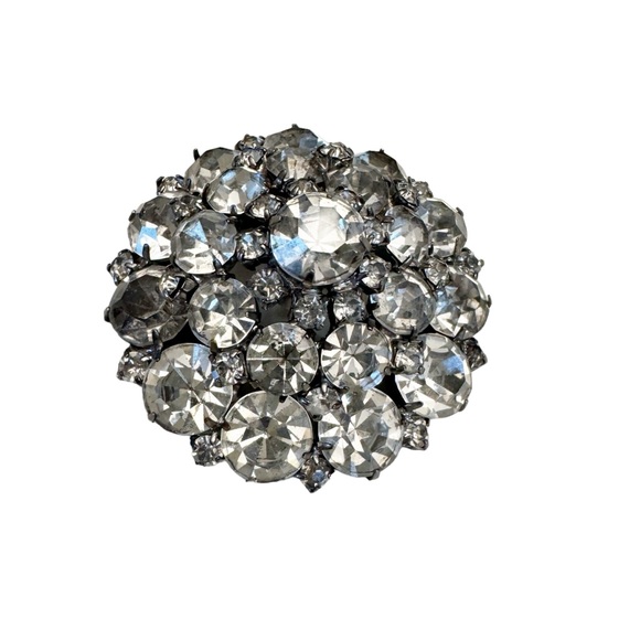 Round Clear Rhinestone Costume Brooch Pin Silver Tone Set Vintage - Picture 4 of 12